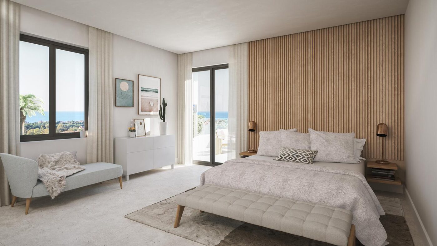 Dormitorio con cabecero de madera y vistas al exterior