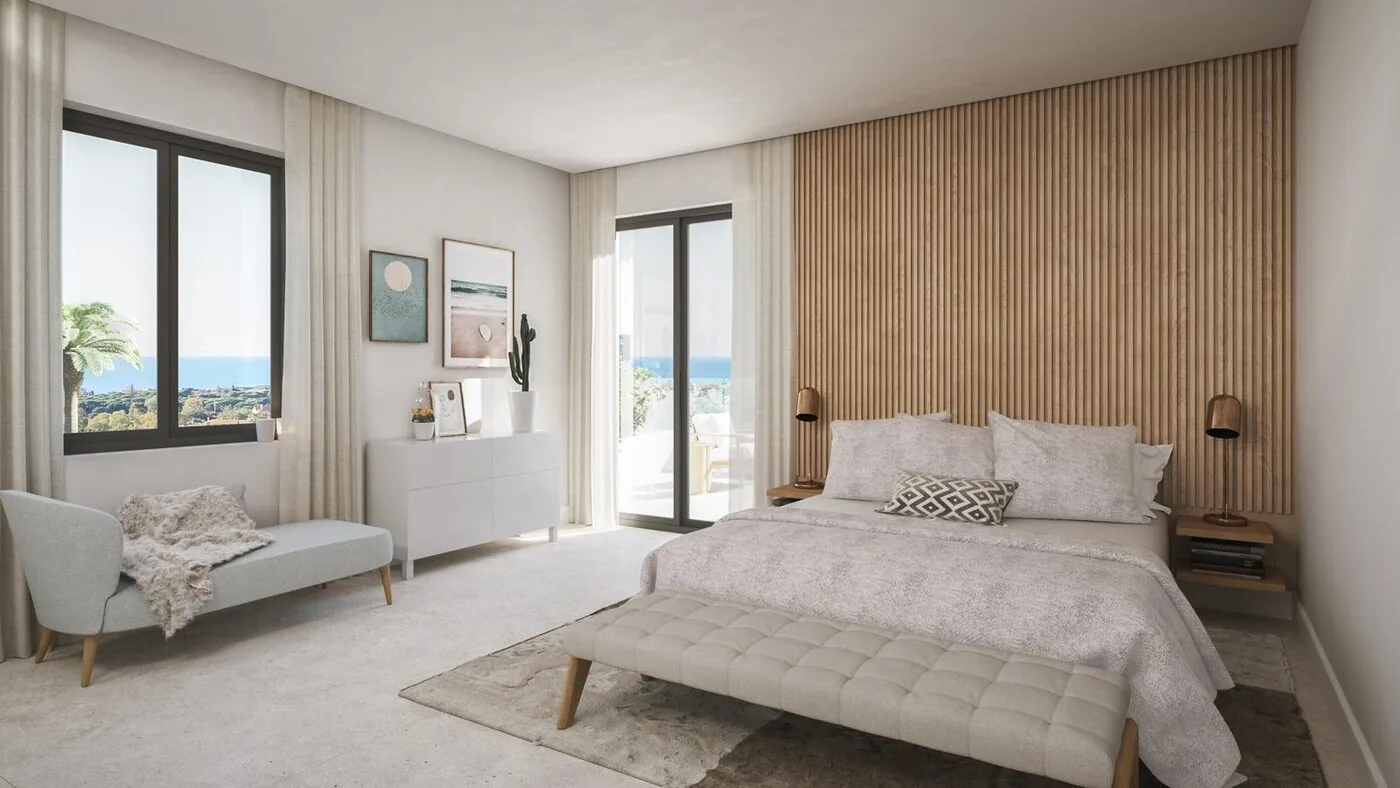 Dormitorio con cabecero de madera y vistas al exterior