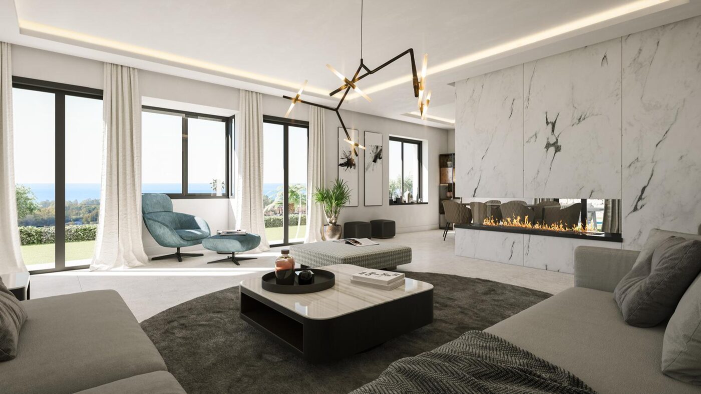 Salón con chimenea de mármol y grandes ventanales
