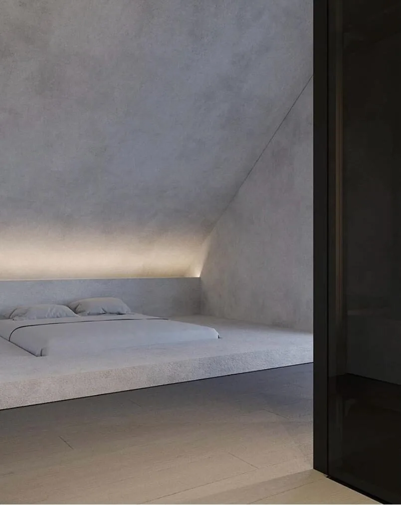 Dormitorio minimalista en tonos blancos